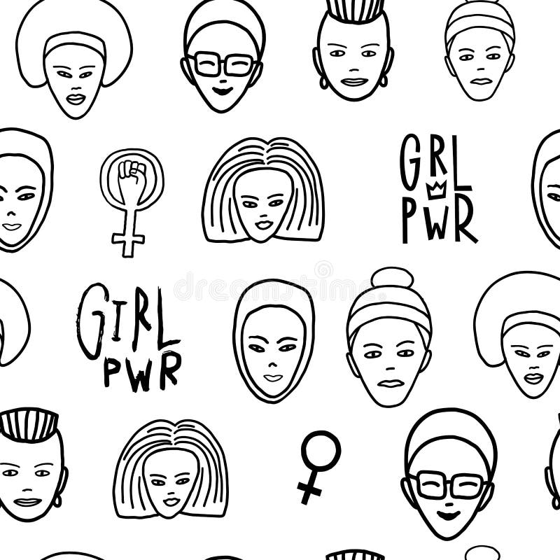 Modèle sans couture féministe de visage de femme de puissance de fille illustration libre de droits Modèle sans couture féministe de visage de femme de puissance de fille illustration libre de droits