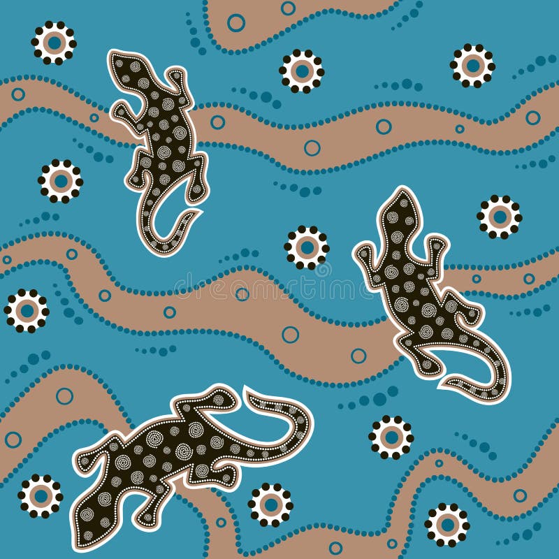 Modèle sans couture indigène australien de vecteur avec les cercles pointillés, les lizars, les spirales, les anneaux et les rayu illustration stock Modèle sans couture indigène australien de vecteur avec les cercles pointillés, les lizars, les spirales, les anneaux et les rayu illustration stock