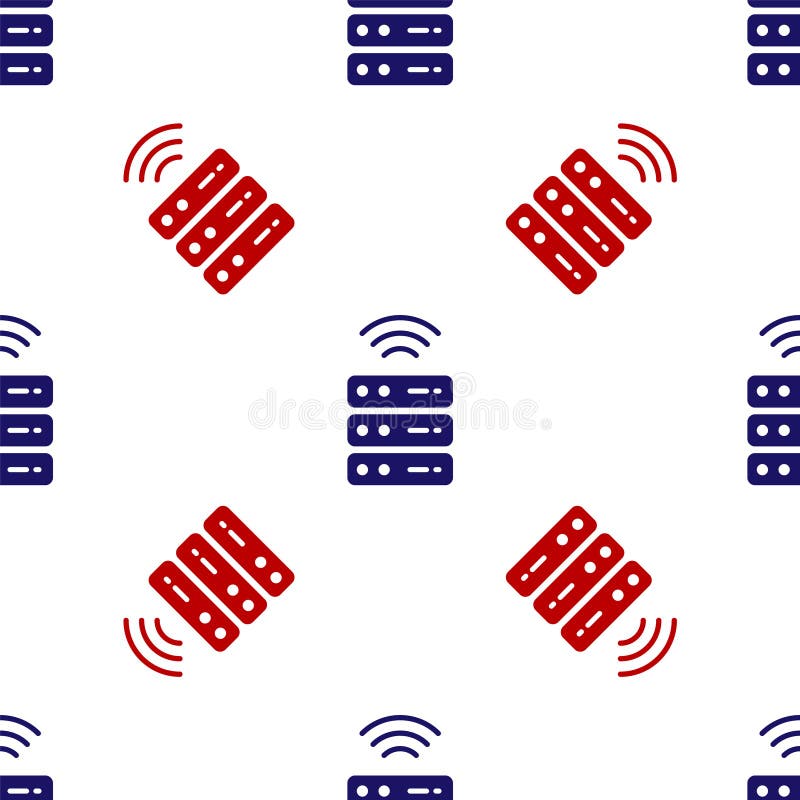 Modèle sans couture isolé par icône active bleue d'hébergement Web de données sql et le rouge sur fond blanc. Internet des choses. Internet du concept de choses avec une connexion sans fil. Vecteur.