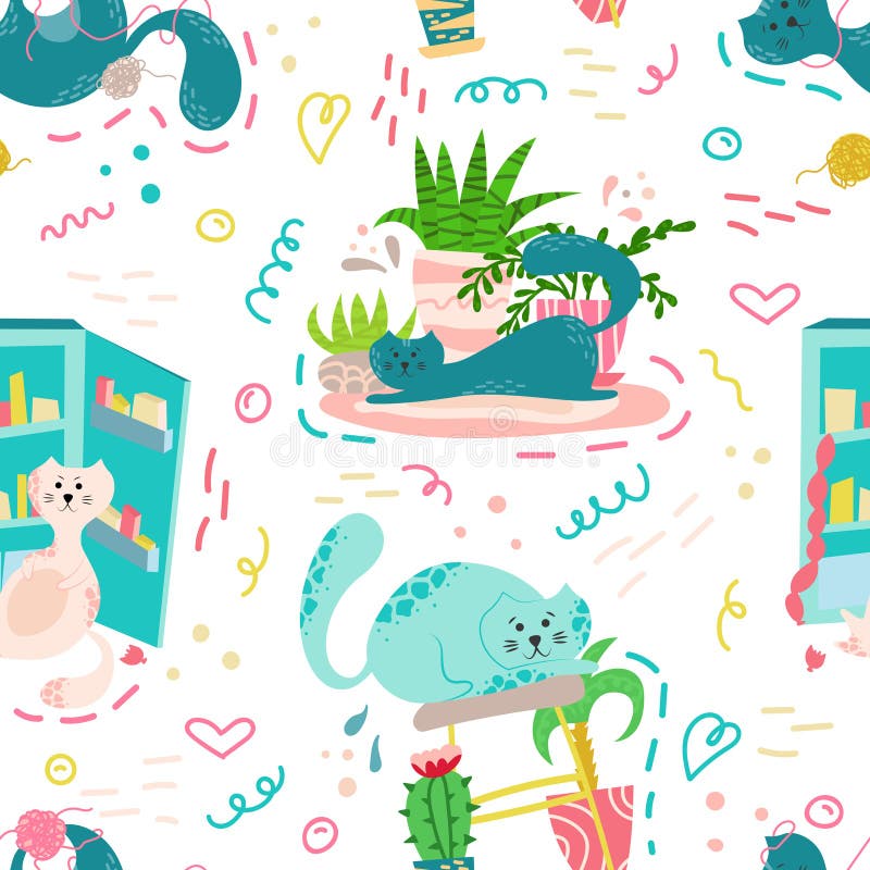 Modèle sans couture mignon avec des usines, des chats et des griffonnages de maison Fleurs dans pots Maison de Hygge conception d illustration libre de droits Modèle sans couture mignon avec des usines, des chats et des griffonnages de maison Fleurs dans pots Maison de Hygge conception d illustration libre de droits