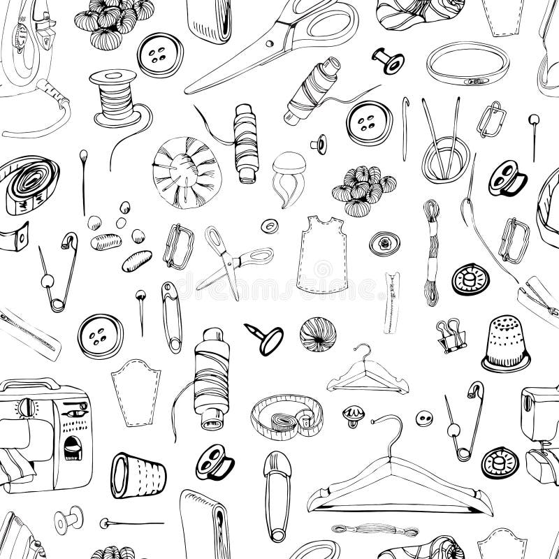 Modèle sans couture monochrome avec des articles pour la couture Croquis graphique tiré par la main de différents éléments d'isol illustration stock Modèle sans couture monochrome avec des articles pour la couture Croquis graphique tiré par la main de différents éléments d'isol illustration stock