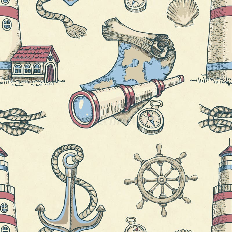 Hand drawn nautical seamless pattern. Hand drawn nautical seamless pattern