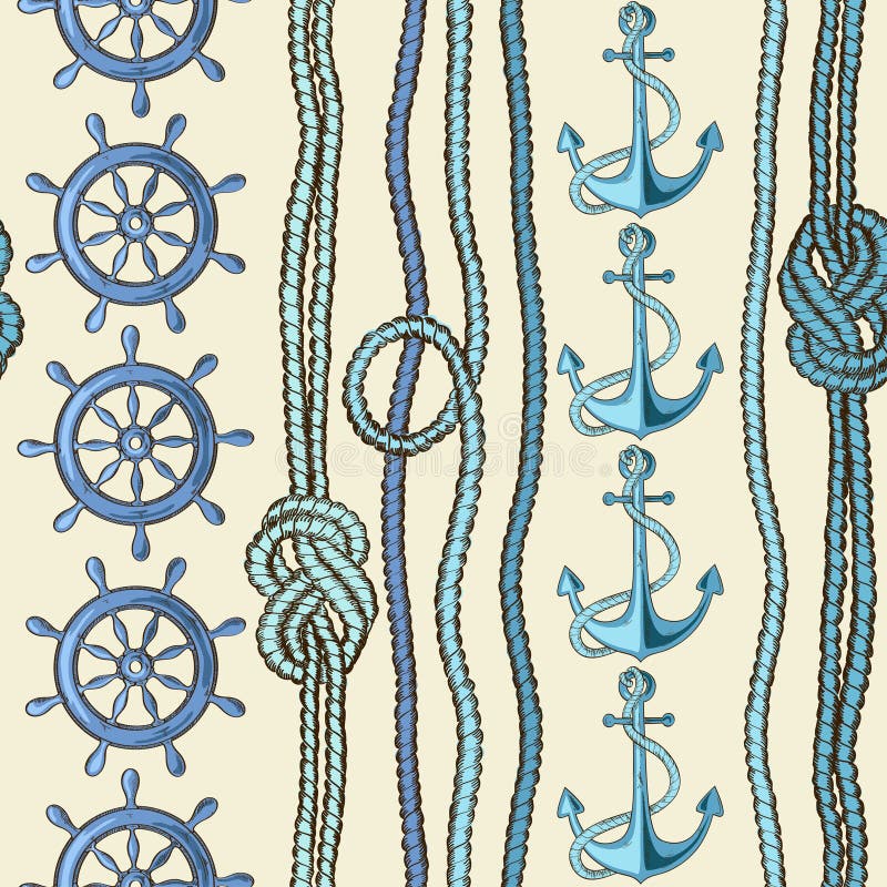 Nautical seamless pattern of anchor, wheel and rope with marine knots. Nautical seamless pattern of anchor, wheel and rope with marine knots