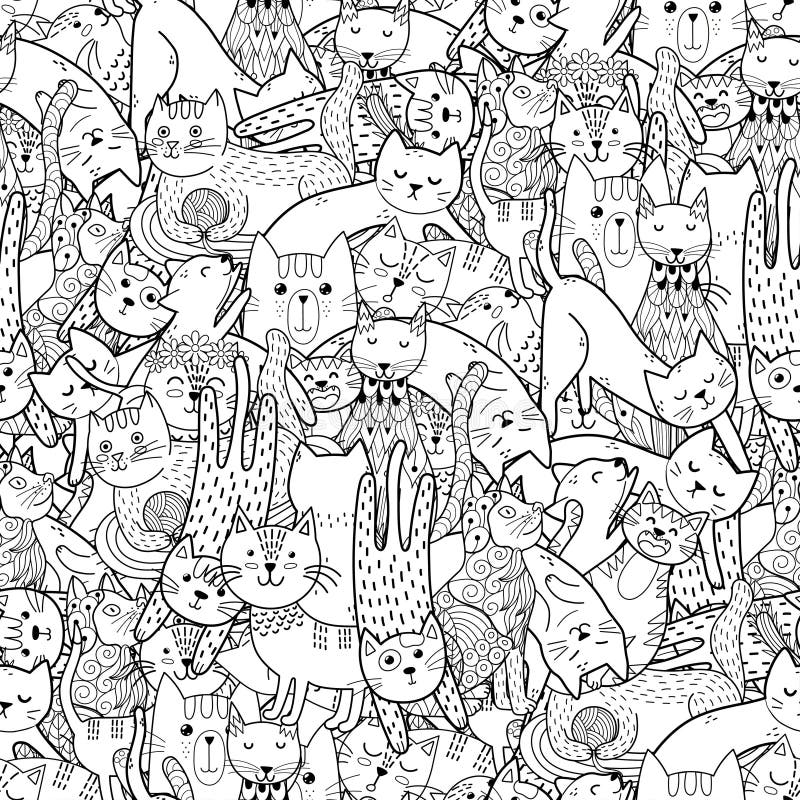 Modèle sans couture noir et blanc de chats drôles scribble. Page de coloration pour les adultes et les enfants
