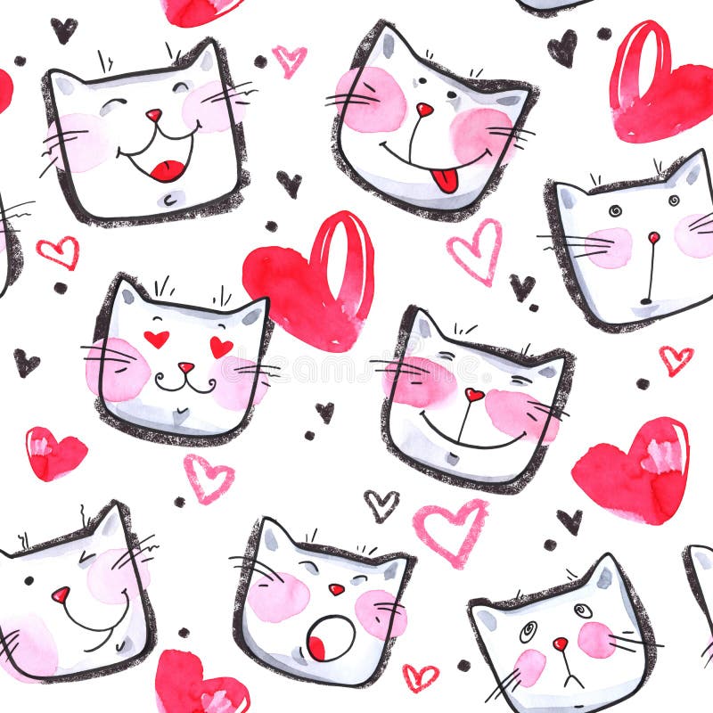 Modèle sans couture peint à la main avec les chatons mignons Chats lumineux de bande dessinée d'aquarelle sur le fond blanc Belle illustration stock Modèle sans couture peint à la main avec les chatons mignons Chats lumineux de bande dessinée d'aquarelle sur le fond blanc Belle illustration stock