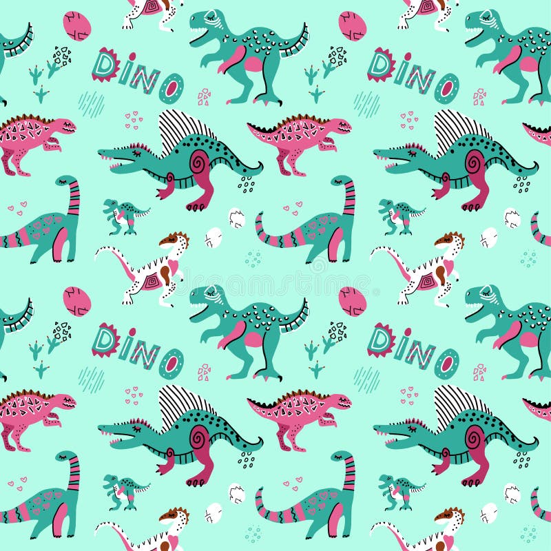 Modèle sans couture puéril mignon de vecteur avec les oeufs de dinosaurswith, le décor et les mots Dino Bande dessin?e dr?le Dino illustration stock Modèle sans couture puéril mignon de vecteur avec les oeufs de dinosaurswith, le décor et les mots Dino Bande dessin?e dr?le Dino illustration stock