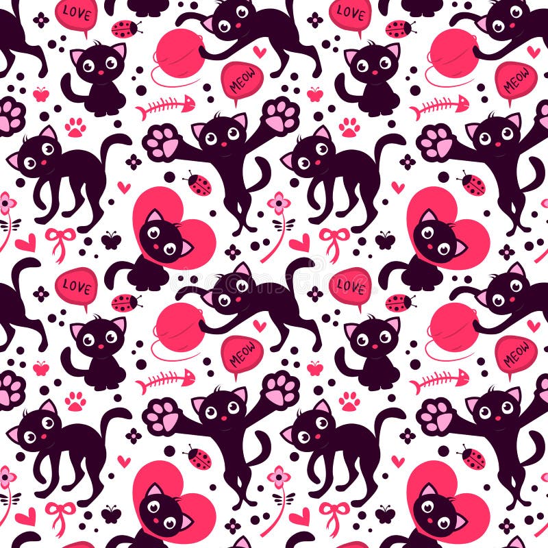 Modèle sans couture romantique avec les chatons espiègles mignons illustration stock