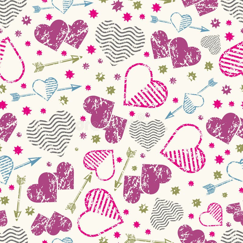 Modèle sans couture romantique avec les coeurs grunges et les flèches illustration stock Modèle sans couture romantique avec les coeurs grunges et les flèches illustration stock