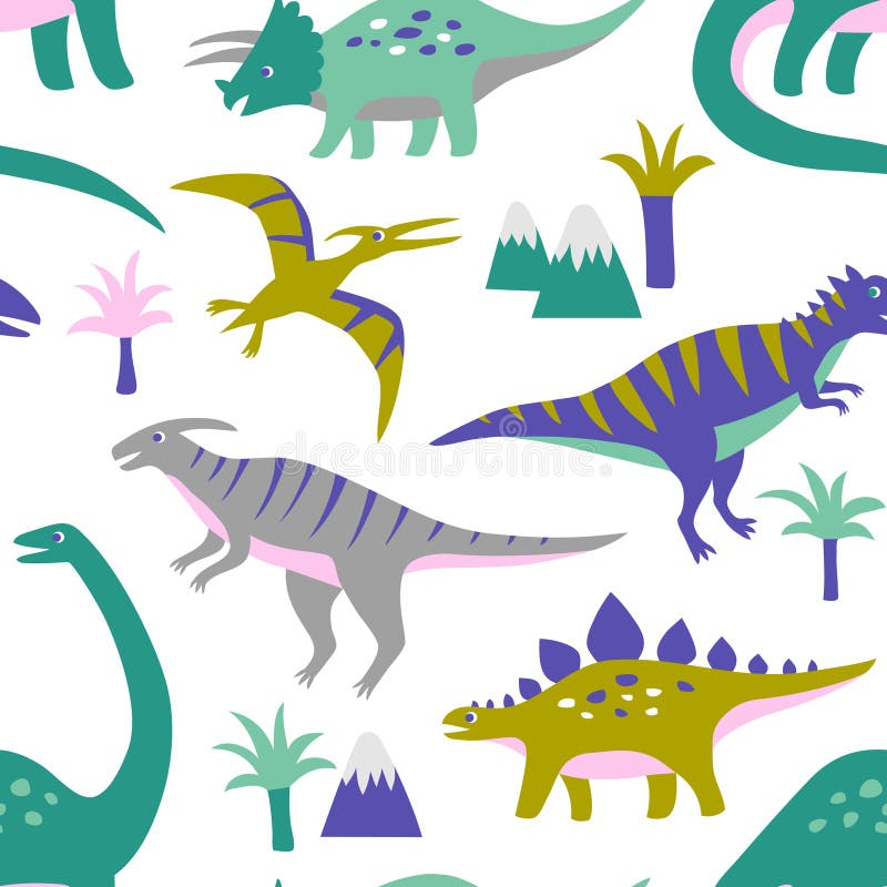 Modèle sans couture tiré par la main de vecteur avec les dinosaures, les montagnes et les palmiers mignons illustration stock Modèle sans couture tiré par la main de vecteur avec les dinosaures, les montagnes et les palmiers mignons illustration stock
