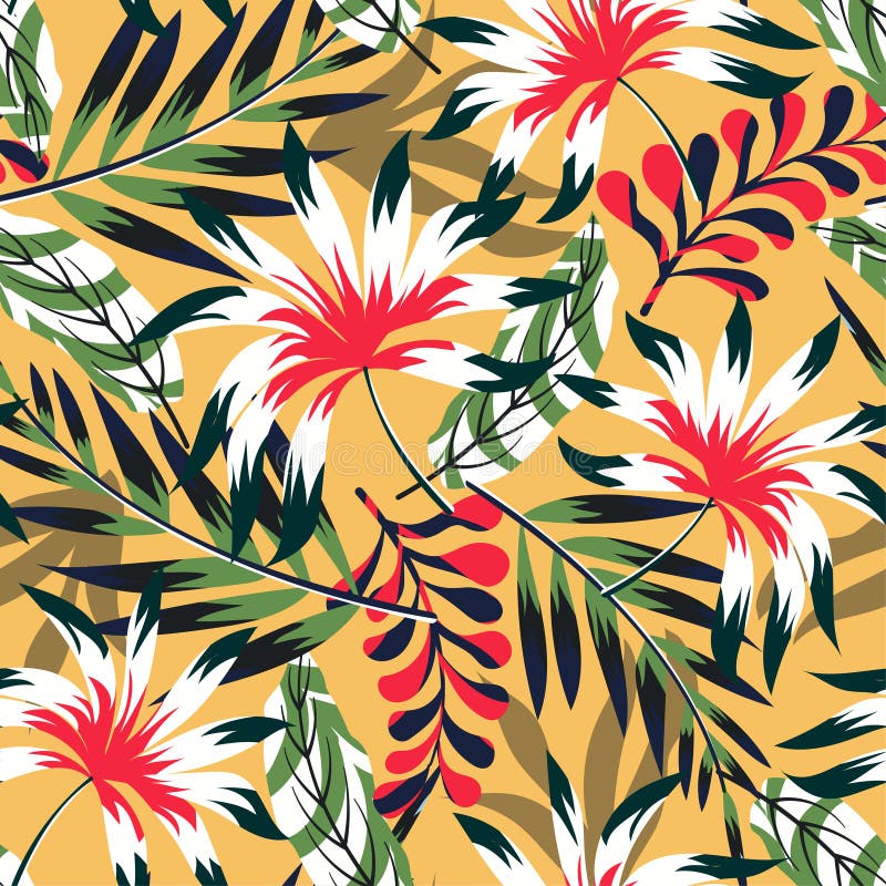 Modèle sans couture tropical d'abrégé sur tendance avec des feuilles et des usines sur un fond jaune lumineux Conception de vecte illustration de vecteur Modèle sans couture tropical d'abrégé sur tendance avec des feuilles et des usines sur un fond jaune lumineux Conception de vecte illustration de vecteur