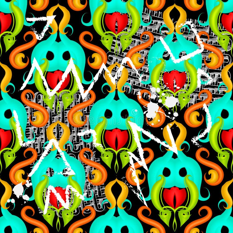 Modèle sans couture urbain coloré de résumé grunge avec des monstres, formes géométriques tirées par la main de griffonnage de cr illustration de vecteur Modèle sans couture urbain coloré de résumé grunge avec des monstres, formes géométriques tirées par la main de griffonnage de cr illustration de vecteur