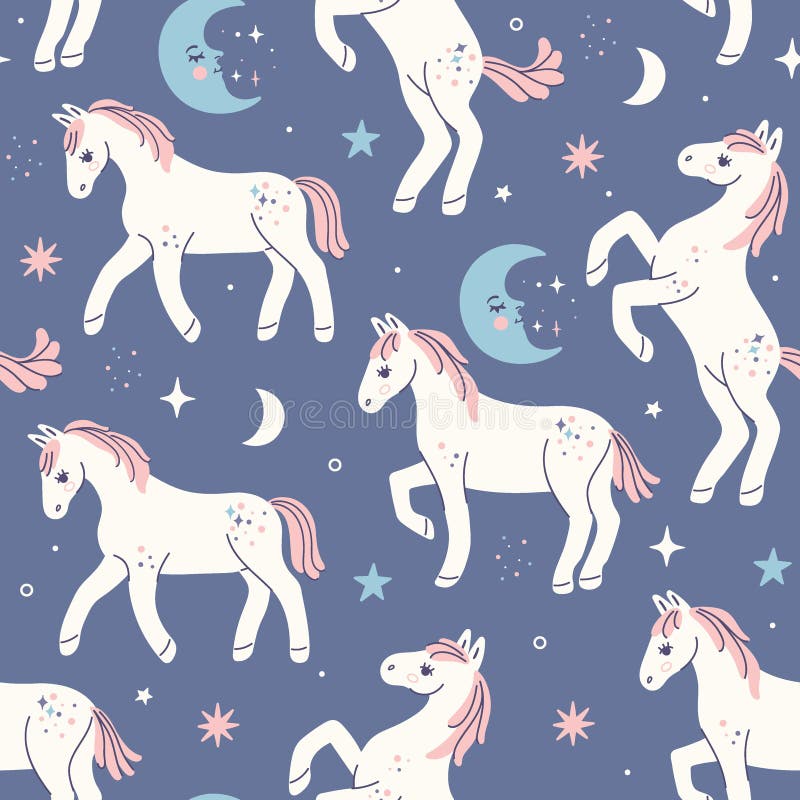 Modèle sans soudure avec de mignons chevaux étoilés de nuit. graphique vectorielle illustration de vecteur