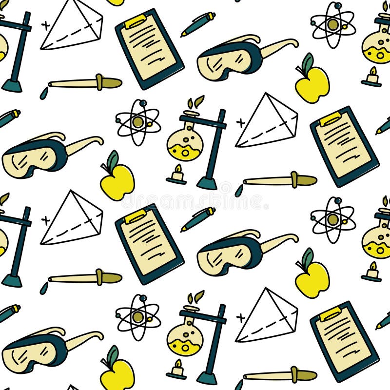 Modèle scientifique en style doodé avec couleur. la texture de la science en couleur. verres de pomme notes stylo expérience flacon pipette sur fond blanc.