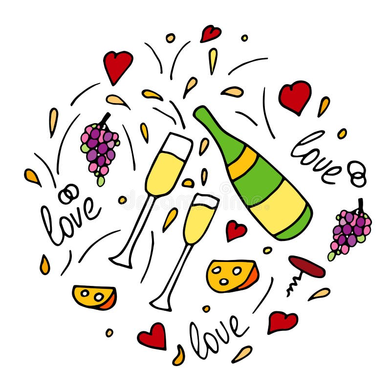 Modèle tiré par la main de vecteur de griffonnage avec du fromage, des verres de vin, des bouteilles de vin mousseux, le champagn illustration libre de droits Modèle tiré par la main de vecteur de griffonnage avec du fromage, des verres de vin, des bouteilles de vin mousseux, le champagn illustration libre de droits