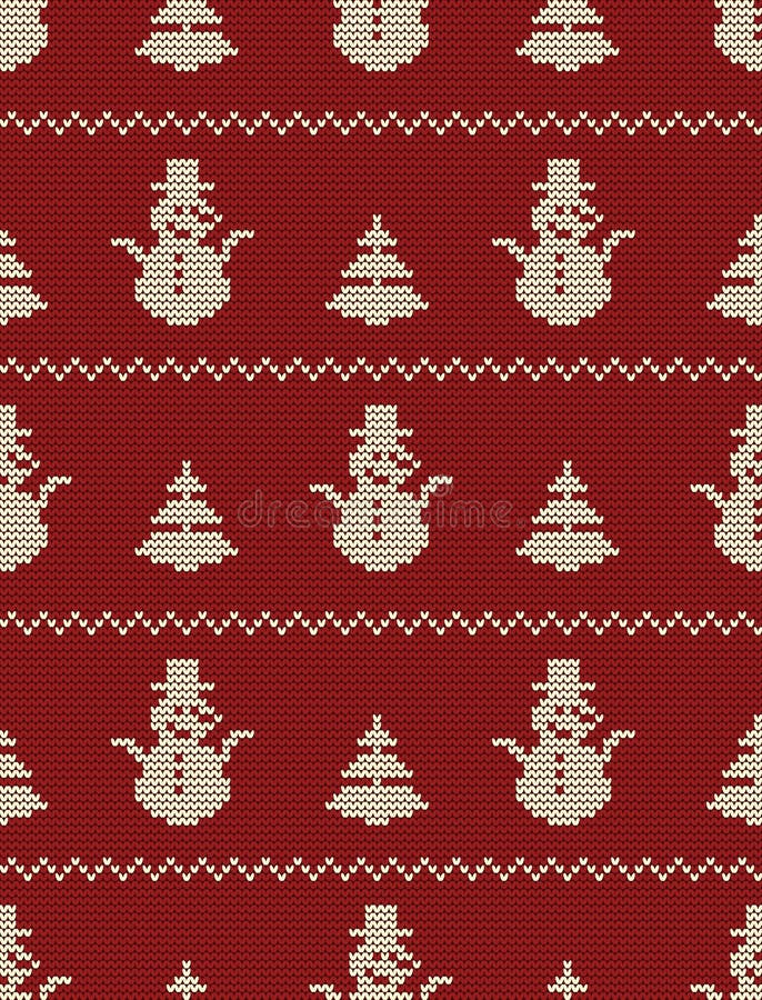 Modèle tricoté sans couture avec des arbres et des bonhommes de neige de Noël sur un fond rouge illustration de vecteur Modèle tricoté sans couture avec des arbres et des bonhommes de neige de Noël sur un fond rouge illustration de vecteur