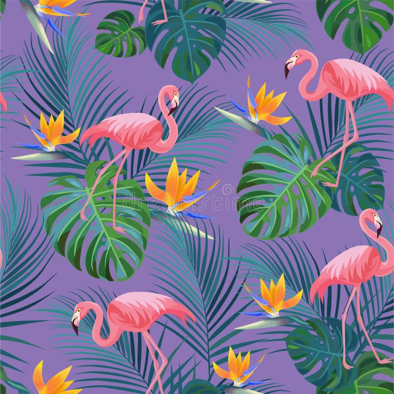 Modèle tropical à la mode avec des flamants et des fleurs exotiques Texture sans joint de vecteur illustration stock Modèle tropical à la mode avec des flamants et des fleurs exotiques Texture sans joint de vecteur illustration stock
