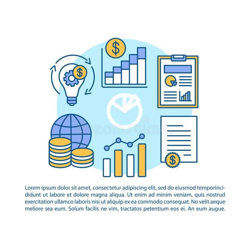 Economy article page vector template. Economic development. Brochure, magazine, booklet design element with linear icons and text boxes. Print design. Concept illustrations with text space. Economy article page vector template. Economic development. Brochure, magazine, booklet design element with linear icons and text boxes. Print design. Concept illustrations with text space