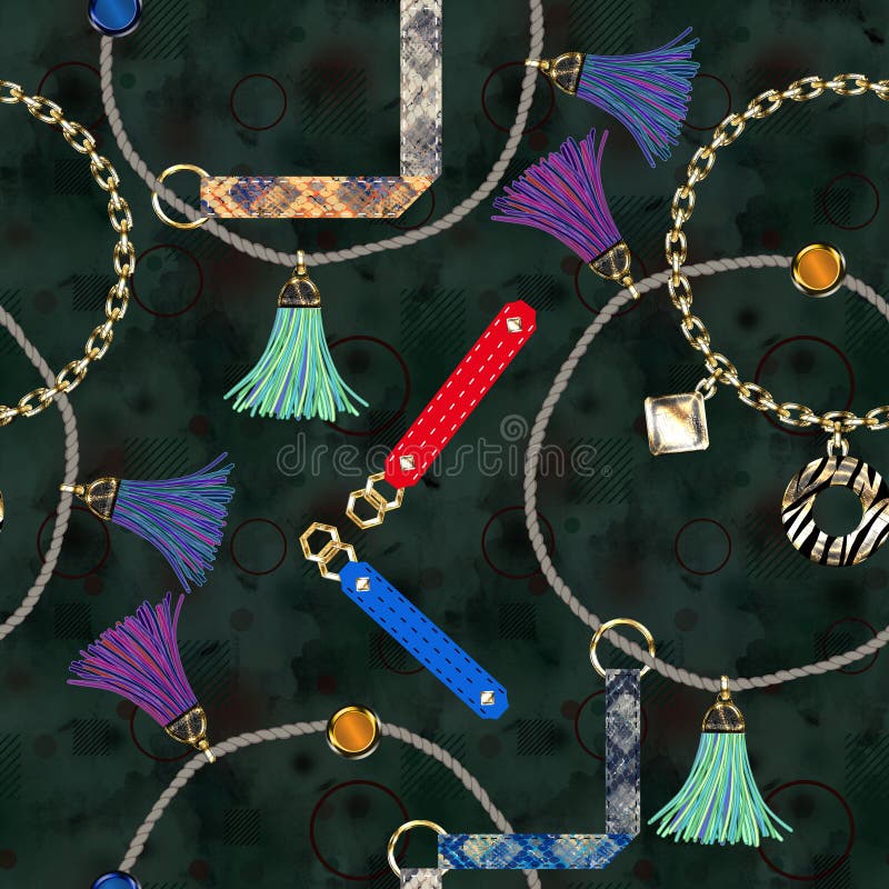 Modèle à la mode sans couture avec des bracelets en cuir, chaînes, brosses, dentelles sur un fond noir illustration libre de droits Modèle à la mode sans couture avec des bracelets en cuir, chaînes, brosses, dentelles sur un fond noir illustration libre de droits