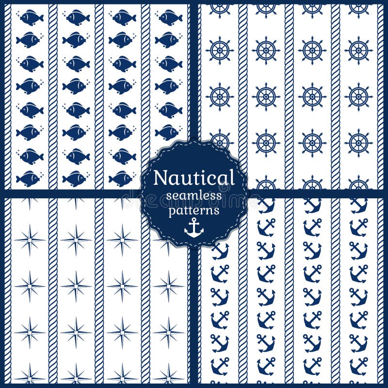 Set of 4 nautical seamless patterns in navy blue and white colors. Vector illustration. Set of 4 nautical seamless patterns in navy blue and white colors. Vector illustration.