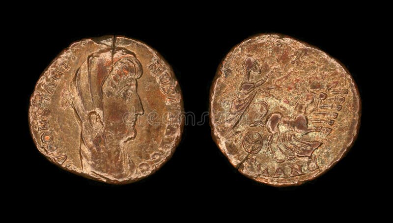 Copper follis depicting portrait of Constantinus I and Quadriga stretching right after the Manus Dei, 337-347 AD, Antioch mint, chocolate brown patina. Copper follis depicting portrait of Constantinus I and Quadriga stretching right after the Manus Dei, 337-347 AD, Antioch mint, chocolate brown patina