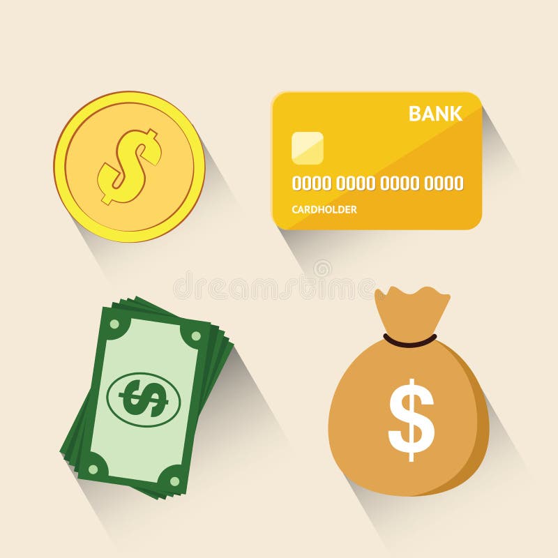 Moeda dourada do dólar, crédito dourado, saco do dinheiro, nota de dólar isolada no fundo branco Ilustração do vetor de diferente