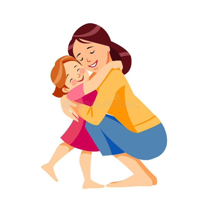 Moeder en kind. Moeder knuffelt haar dochter met veel liefde en tederheid. dag- en feestdag van moeders. tekenfilm