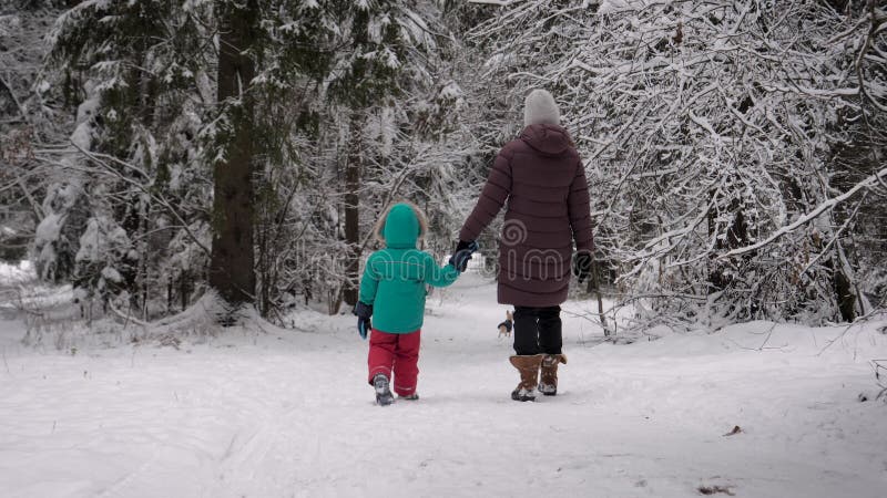 Moeder en kind lopen door het winterpark in bos met sneeuwhanden