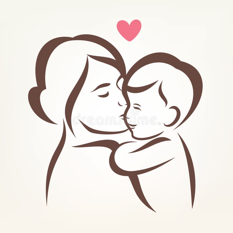 Mother and son stylized vector silhouette, outlined sketch of mom and child. Mother and son stylized vector silhouette, outlined sketch of mom and child