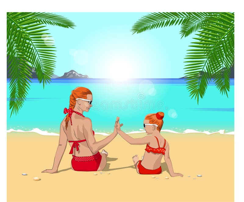 Moeder met dochter op het strand stock illustratie Moeder met dochter op het strand stock illustratie