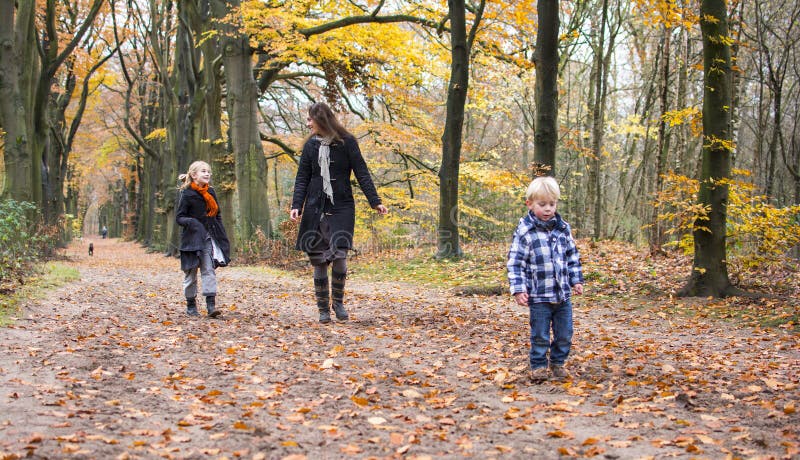 Moeder met kinderen in bos royalty-vrije stock afbeeldingen Moeder met kinderen in bos royalty-vrije stock afbeeldingen
