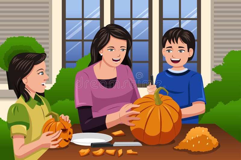 A vector illustration of Mother carving pumpkins together with her kids at backyard. A vector illustration of Mother carving pumpkins together with her kids at backyard