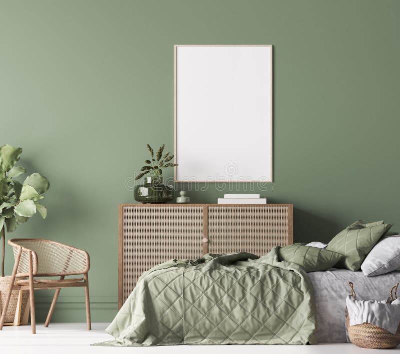 Mofa de marco de póster en casa de campo dormitorio habitación habitación verde diseño interior con muebles de madera natural