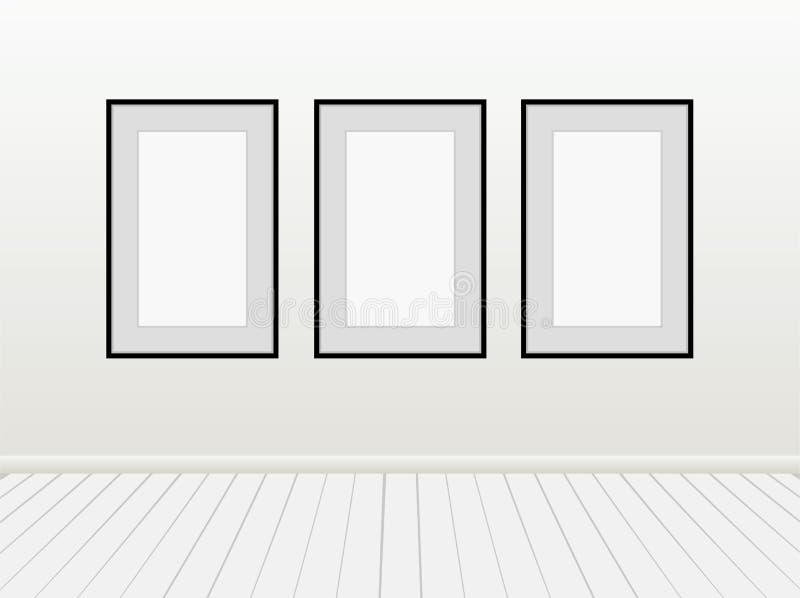Mofa en blanco vacía del blanco de tres vectores encima de marcos del negro de imágenes de los carteles en una pared ilustración del vector Mofa en blanco vacía del blanco de tres vectores encima de marcos del negro de imágenes de los carteles en una pared ilustración del vector