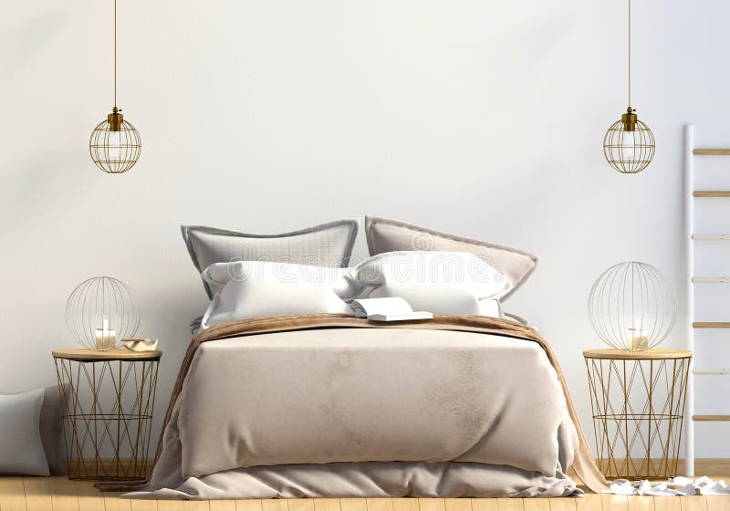 Mofa encima de la pared en interior del dormitorio Estilo del escandinavo del dormitorio 3d stock de ilustración Mofa encima de la pared en interior del dormitorio Estilo del escandinavo del dormitorio 3d stock de ilustración
