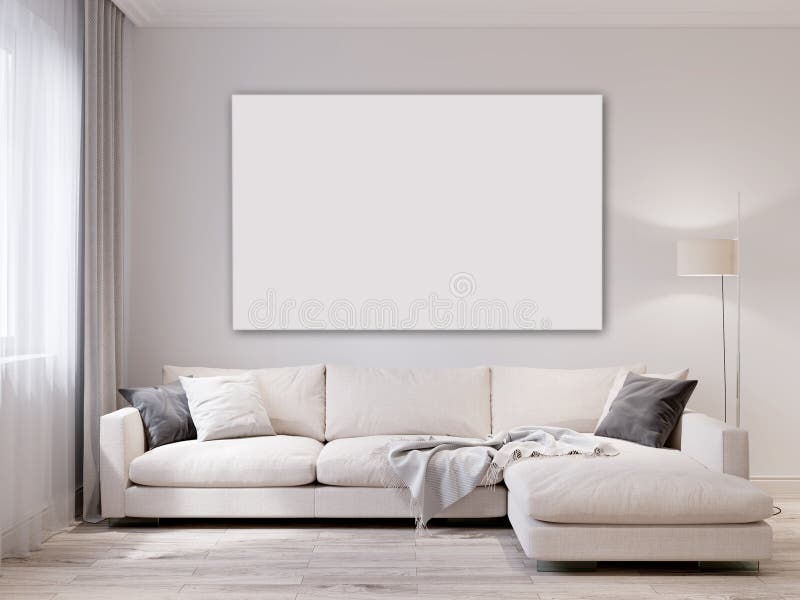 Mofa encima del interior moderno de la sala de estar de la pared blanca