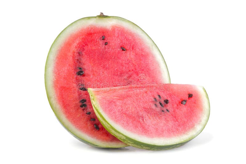 mogen halva av en vattenmelon och en skiva bredvid en vit bakgrund isolerat royaltyfri fotografi mogen halva av en vattenmelon och en skiva bredvid en vit bakgrund isolerat royaltyfri fotografi
