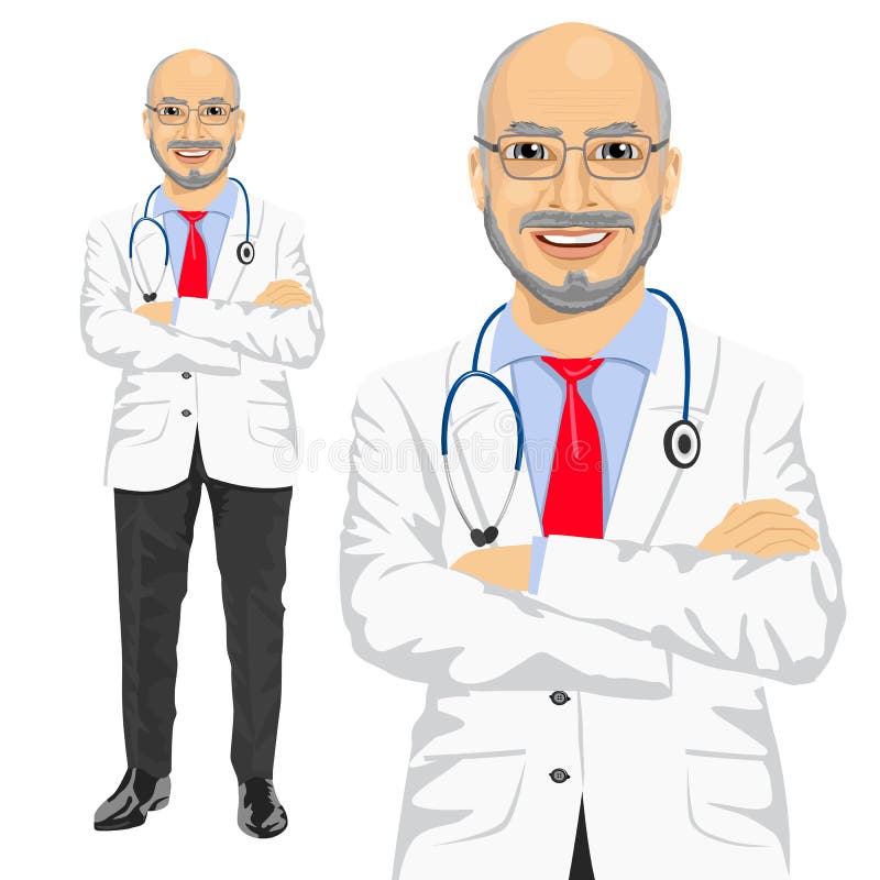 Mogen medicinsk manlig doktor med vikta armar royaltyfri illustrationer Mogen medicinsk manlig doktor med vikta armar royaltyfri illustrationer