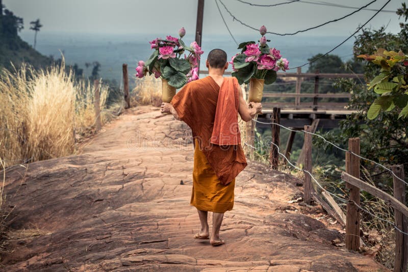 Moine thaïlandais avec des fleurs de lotus dans des ses mains marchant sur une route pierreuse chez Wat Phu Tok photos stock Moine thaïlandais avec des fleurs de lotus dans des ses mains marchant sur une route pierreuse chez Wat Phu Tok photos stock