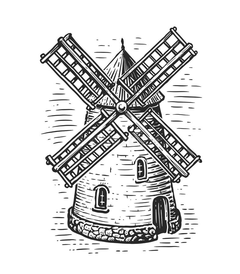 moinho de vento, moinho de vento mão desenhada esboço ilustração gravada em  vetor. emblema de construção
