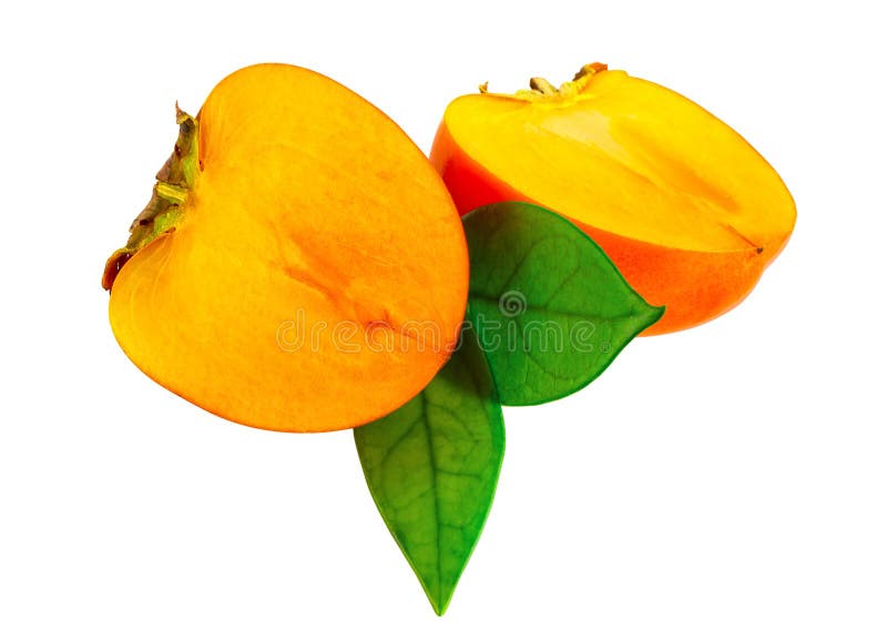 Moitiés du fruit deux de kaki d'isolement sur le blanc Chemin de coupure inclus d'image photos libres de droits Moitiés du fruit deux de kaki d'isolement sur le blanc Chemin de coupure inclus d'image photos libres de droits