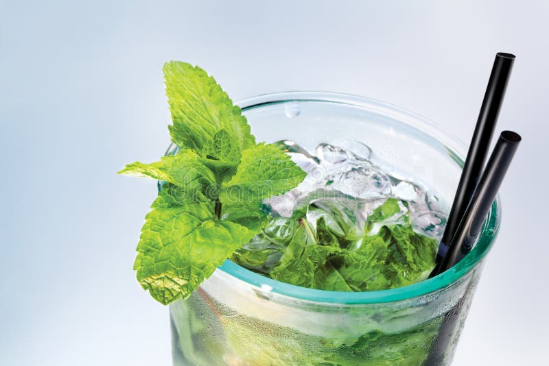 A glass of cool mojito on a white background