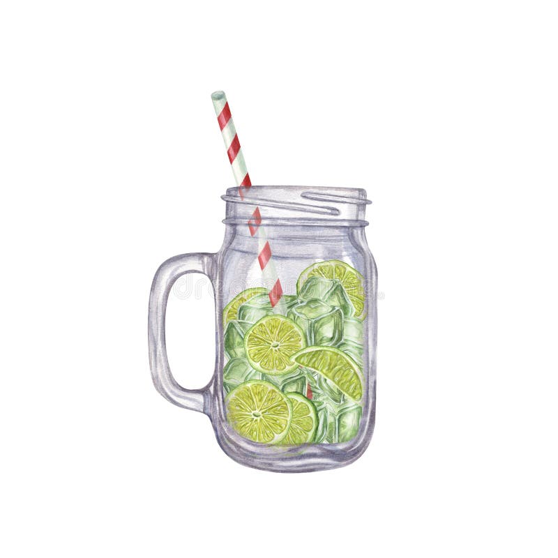 Mojito cocktail instructions isolated on white background. mason Jar with lime, ice cubes, mint and straw. Watercolor illustration stock illustration