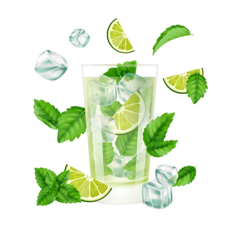 Mojito Cocktail. Summer drink with ice, lime and mint. Realistic glass seasonal cold cocktails. Isolated cafe or bar