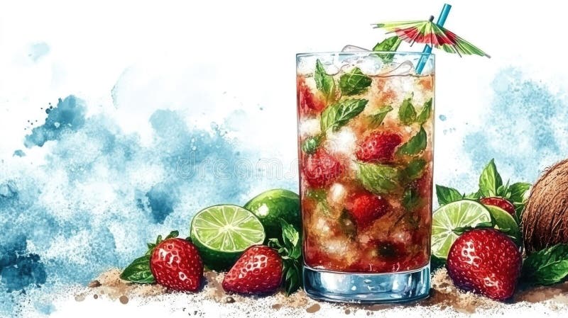 Mojito de căpșuni reîmprospătate cu lămâie și mentă pe un vibe de plajă stock images