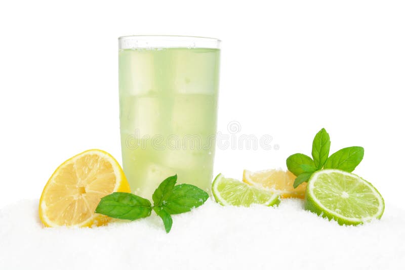 Mojito drink on ice with lemons,limes,leaves on white stock photography Mojito drink on ice with lemons,limes,leaves on white stock photography