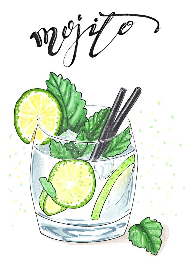 Mojito napój w szkle z clices wapno, nowi liście i dwa słoma pije pociągany ręcznie ilustracja, ilustracja wektor Mojito napój w szkle z clices wapno, nowi liście i dwa słoma pije pociągany ręcznie ilustracja, ilustracja wektor