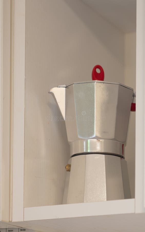 Moka Pot on the Wooden Table. Moka Pot is a Coffee Maker Stock Image