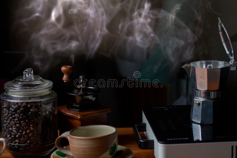 Moka Pot for Making Coffee and Smoke for Fresh Coffee Stock Photo Image of aluminum, brewing