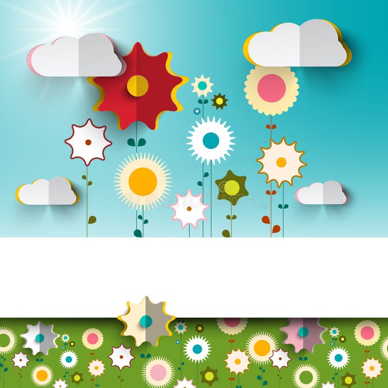 Spring - Summer Sunny Flowers on Garden - Field Paper Material Design with Blue Sky and Clouds. Spring - Summer Sunny Flowers on Garden - Field Paper Material Design with Blue Sky and Clouds