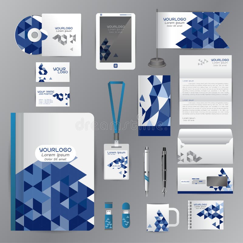 Modelo de identidade visual branco com elementos de origami azul. Estilo vetorial para empresa para diretrizes de manual de marca ilustração do vetor